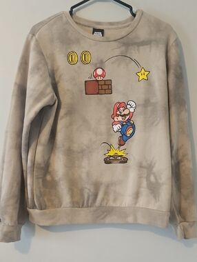 Nintendo Beige Tie-Dye Sweatshirt with Mario Jump Graphic